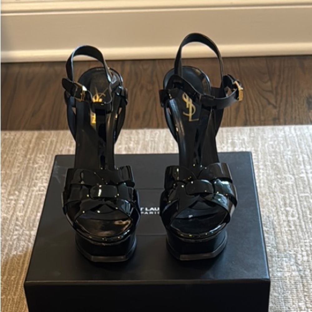 Saint Laurent Black Stiletto Heels with Strappy Design